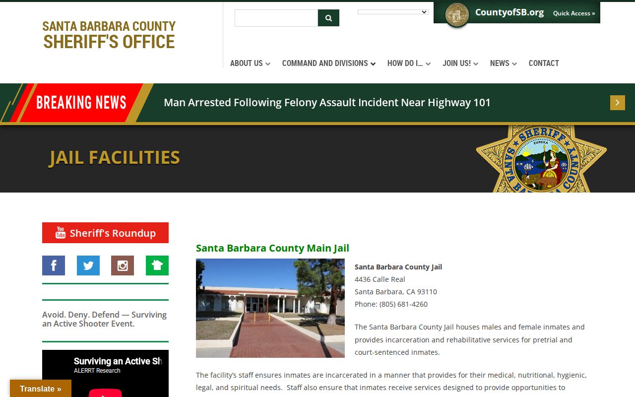 Santa Barbara County Sheriff jail facilities information page