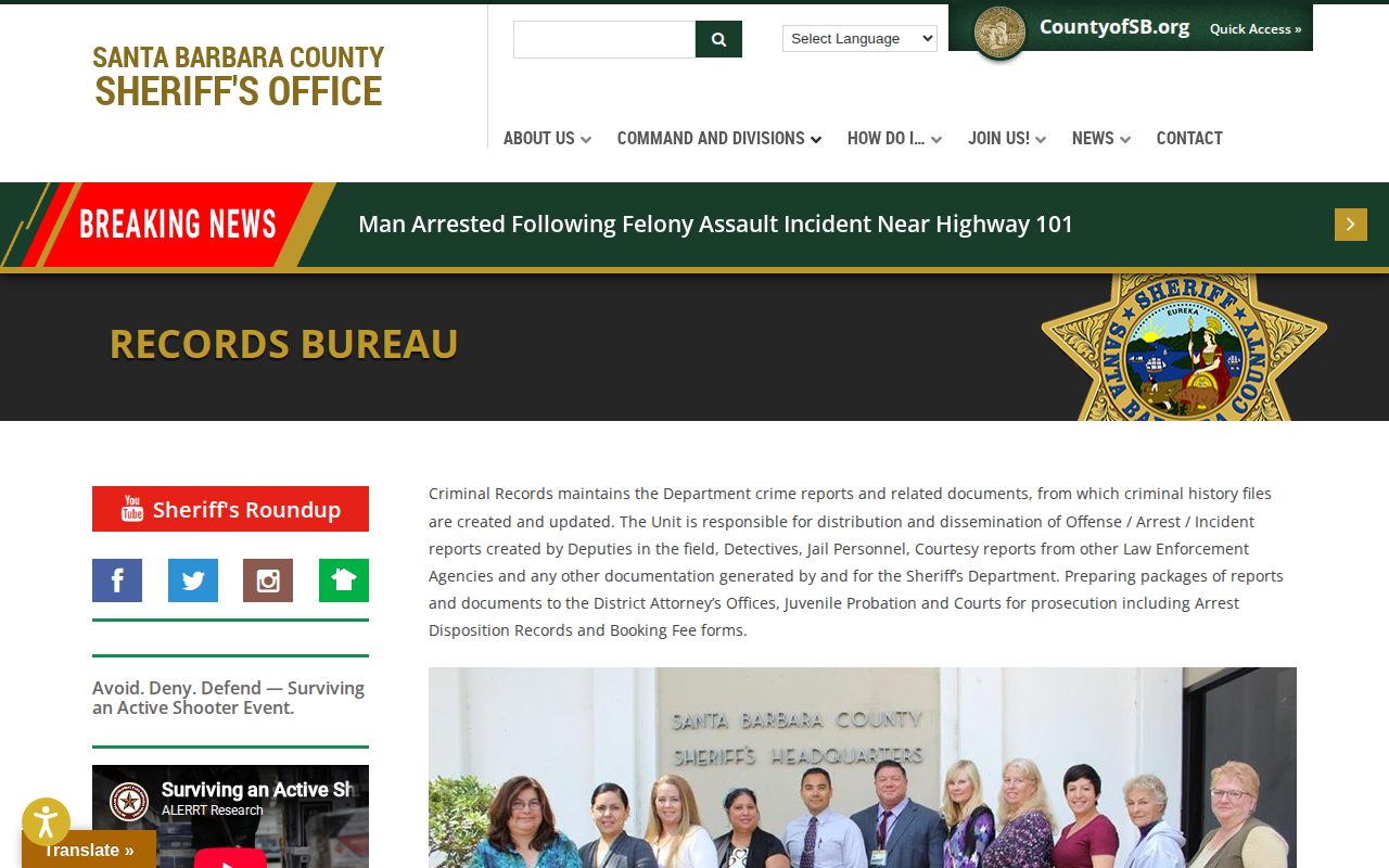 Santa Barbara County arrest records bureau request information