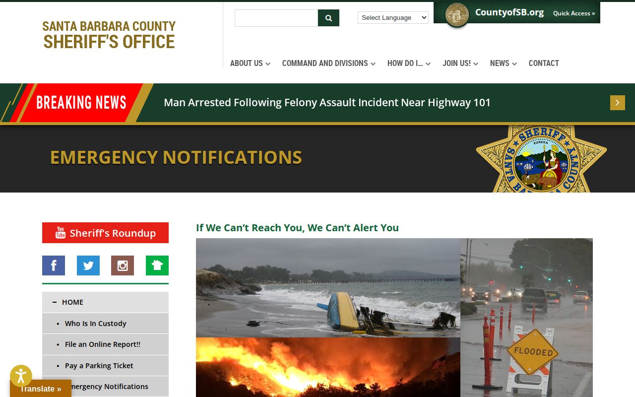 Santa Barbara County Sheriff emergency notification services page