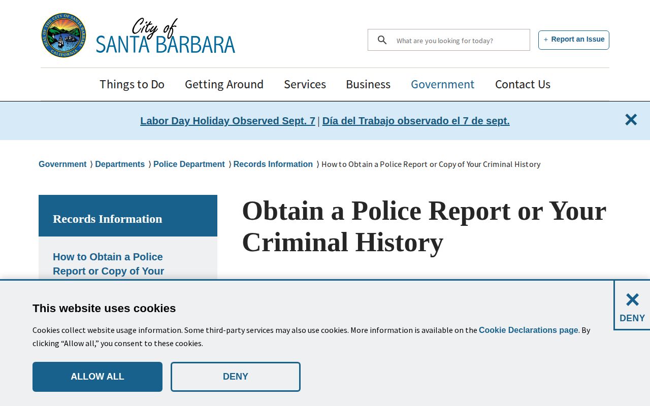 Santa Barbara Police Department page for obtaining a police report