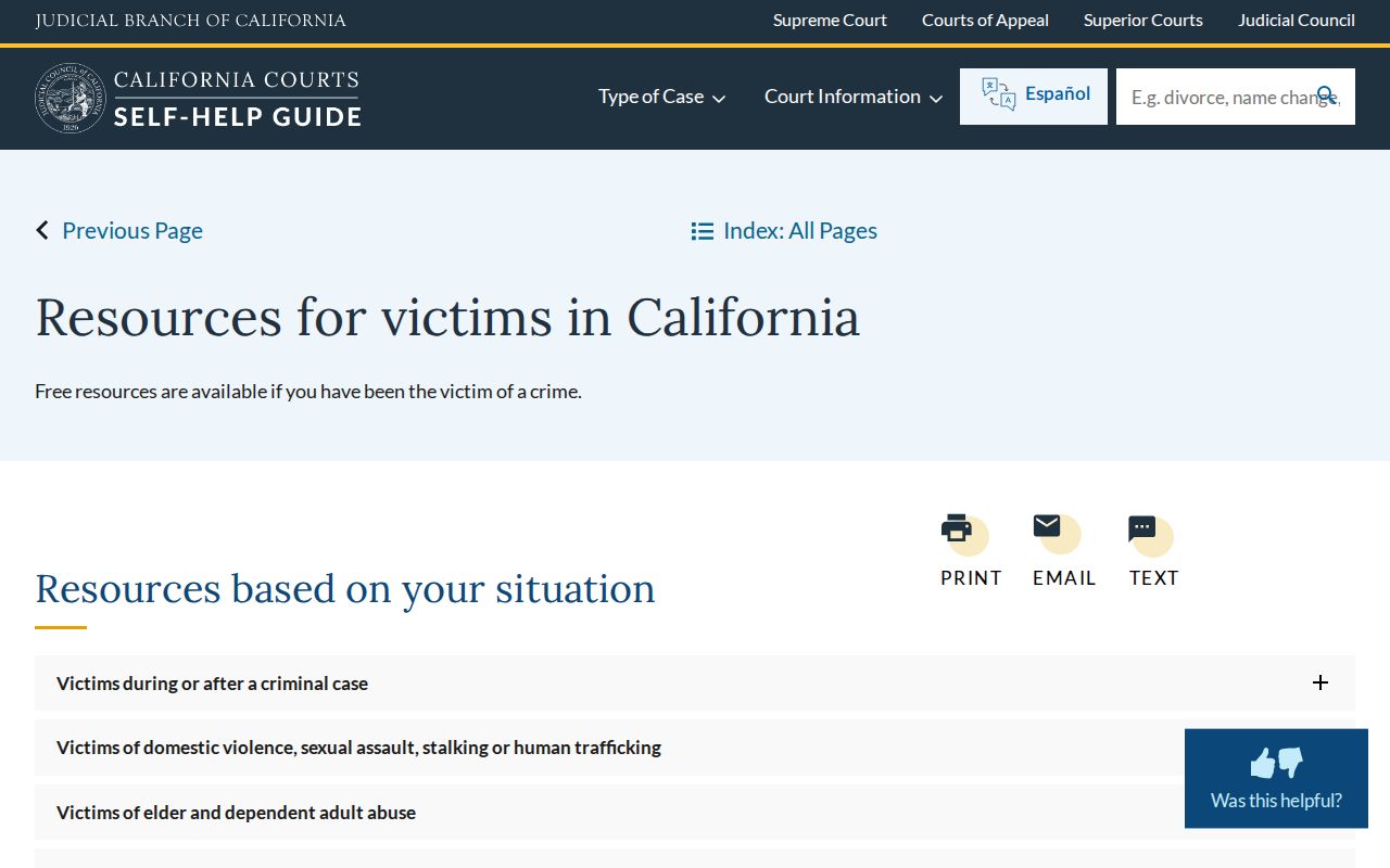 California Courts victim resources information page